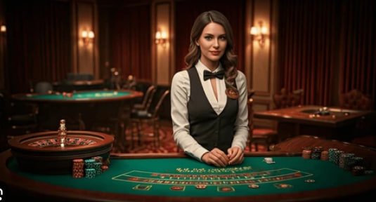 Dealer casino live dengan meja permainan blackjack dan atmosfer hiburan klasik